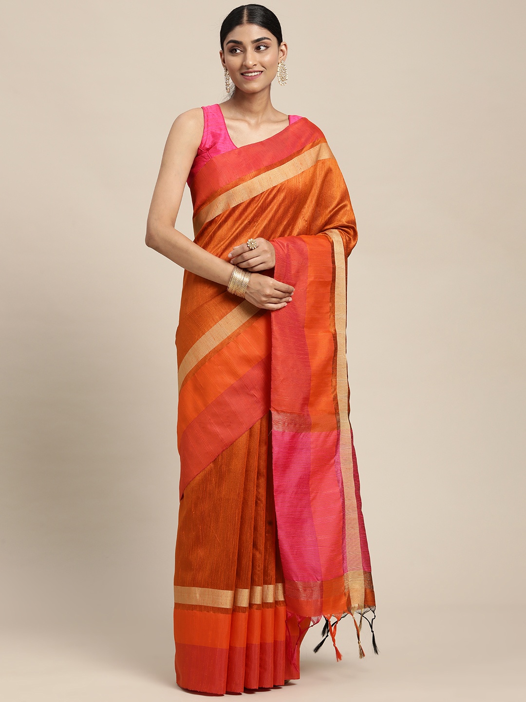 

Mitera Orange Silk Blend Saree With Contrast Pallu