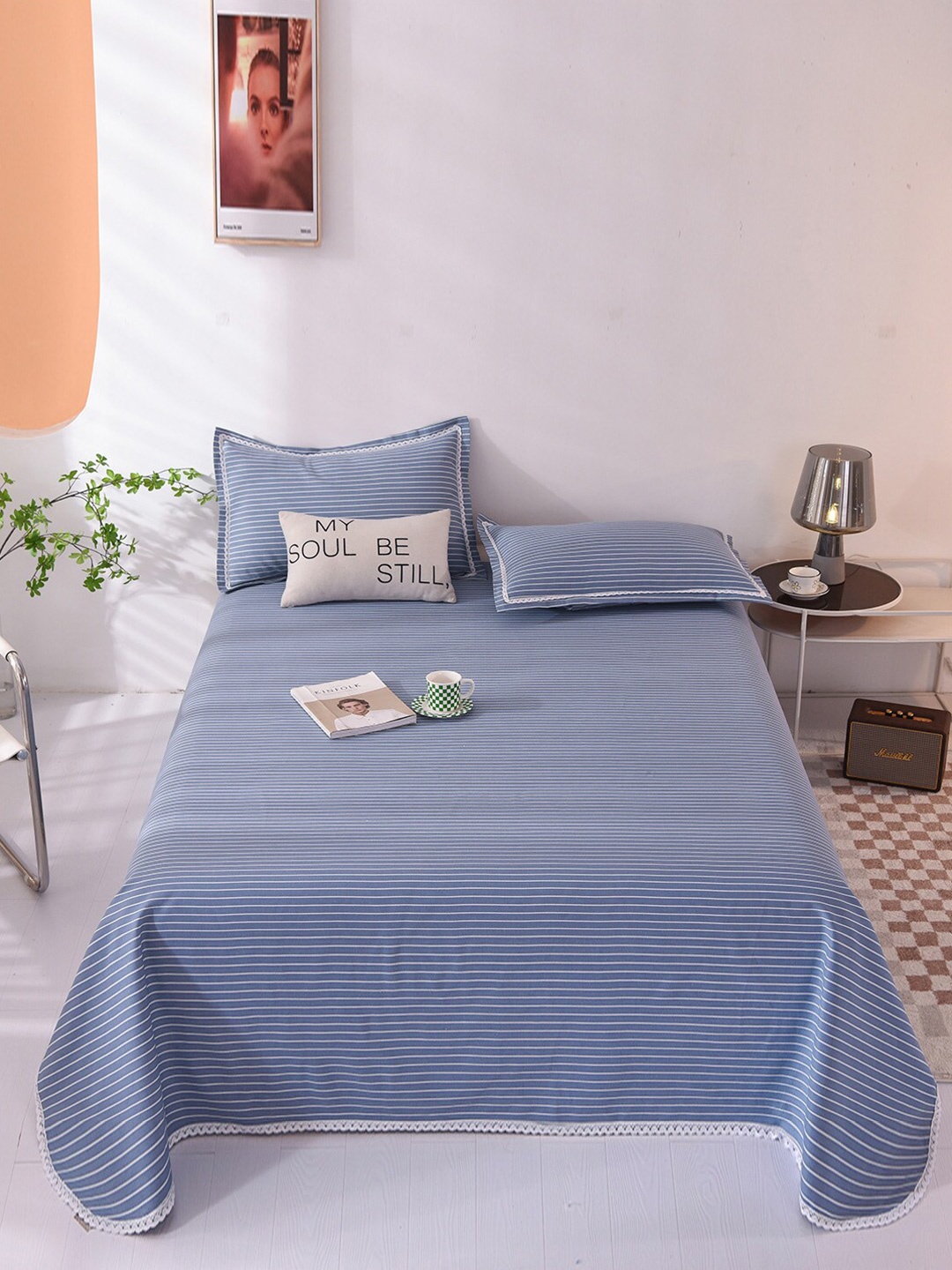 

JC Collection Blue Striped 144 TC Single Bedsheet with 1 Pillow Covers