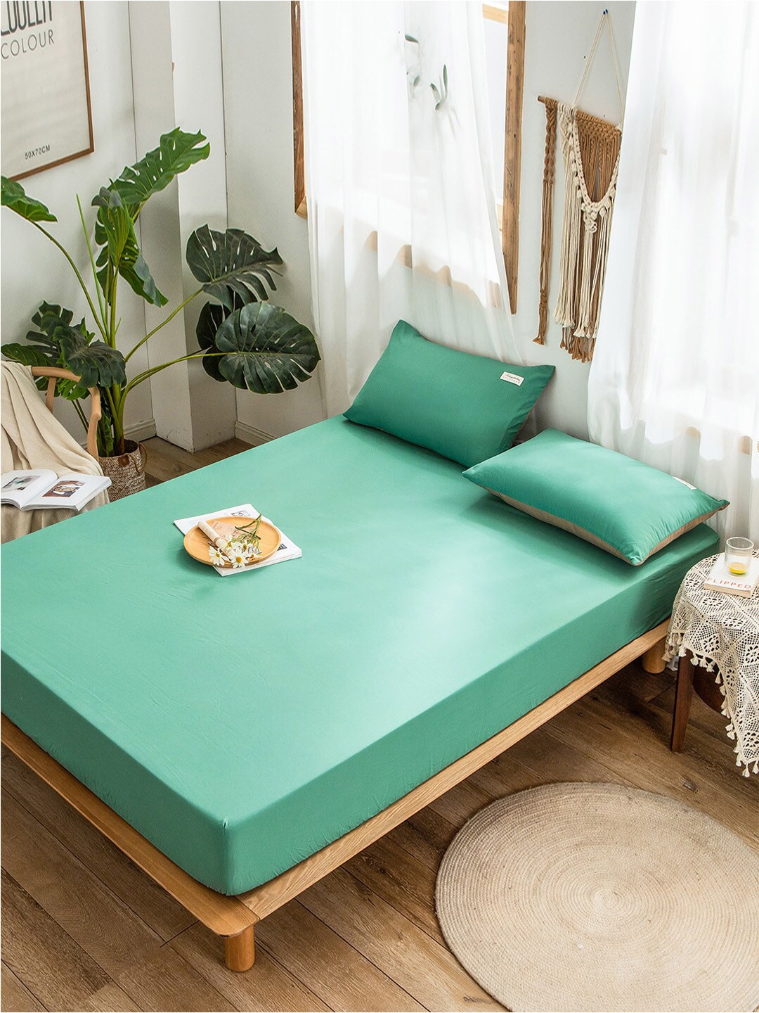 

JC HOME Green Fitted King Bedsheet with 2 Pillow Covers