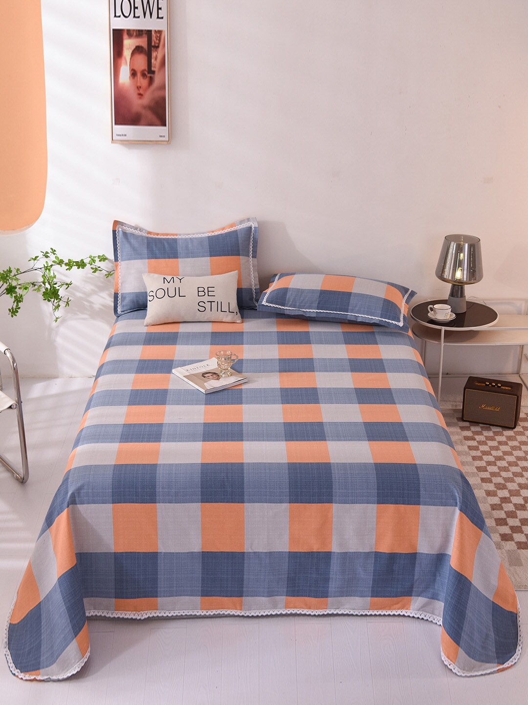 

JC Collection Blue & Orange Geometric 144 TC Queen Bedsheet with 2 Pillow Covers