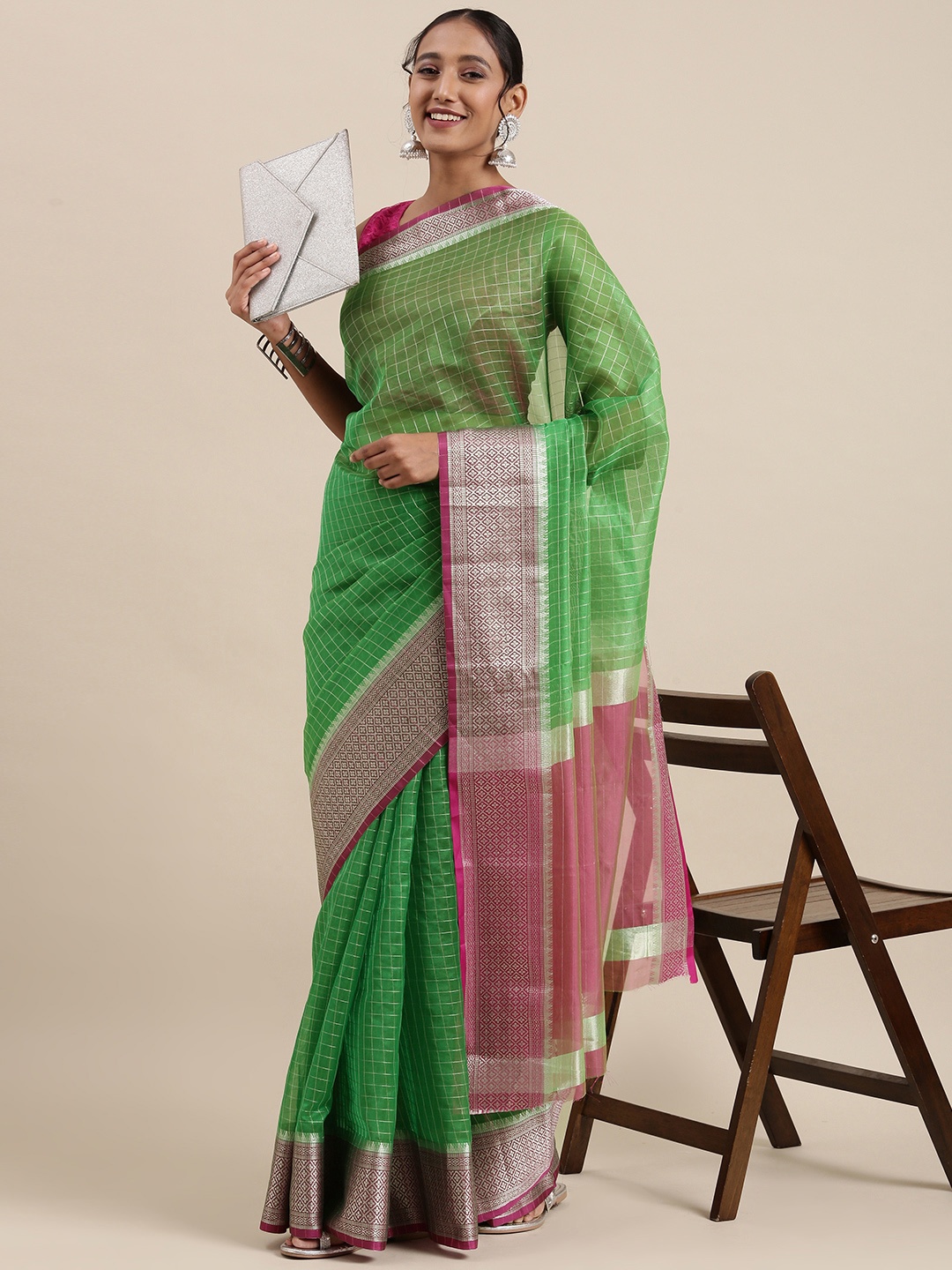 

PERFECTBLUE Green Checked Zari Silk Blend Saree