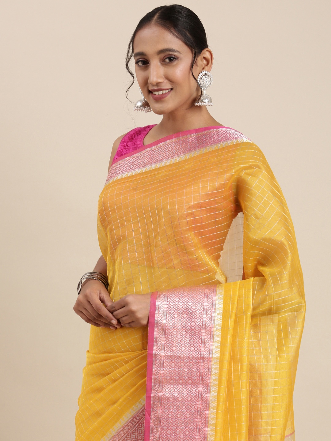 

PERFECTBLUE Yellow Checked Zari Silk Blend Saree