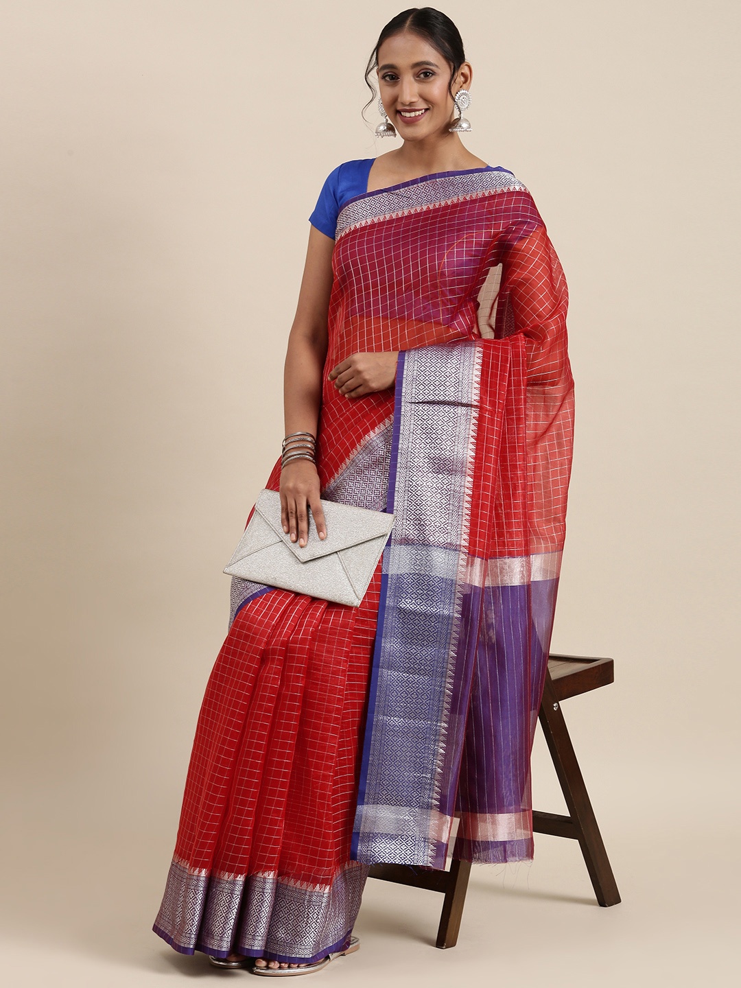 

PERFECTBLUE Red Checked Zari Silk Blend Saree