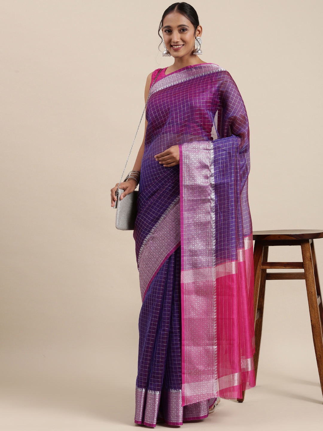 

PERFECTBLUE Blue Checked Zari Silk Blend Saree