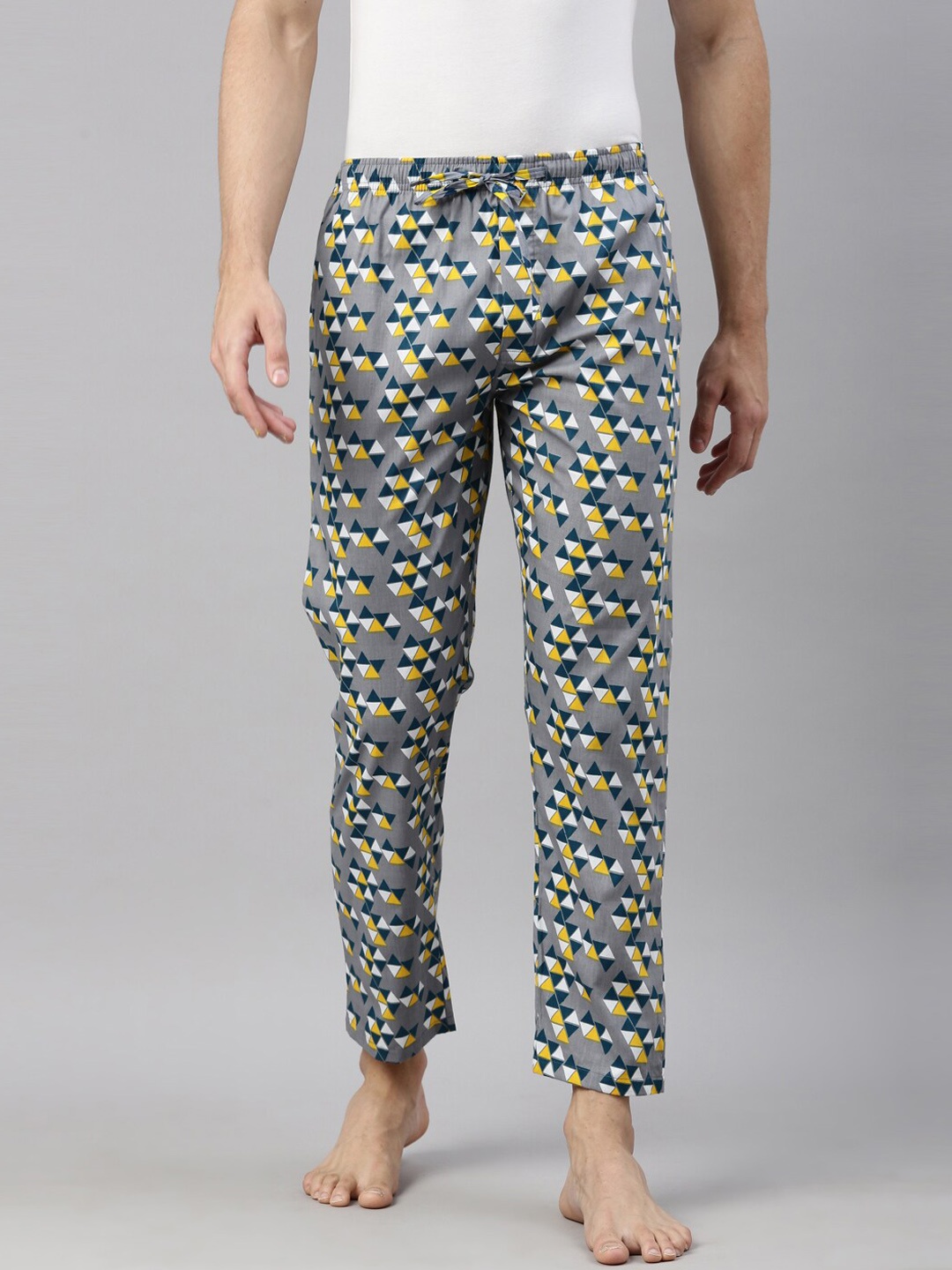 

Joven Men Grey and Yellow Printed Cotton Lounge Pants