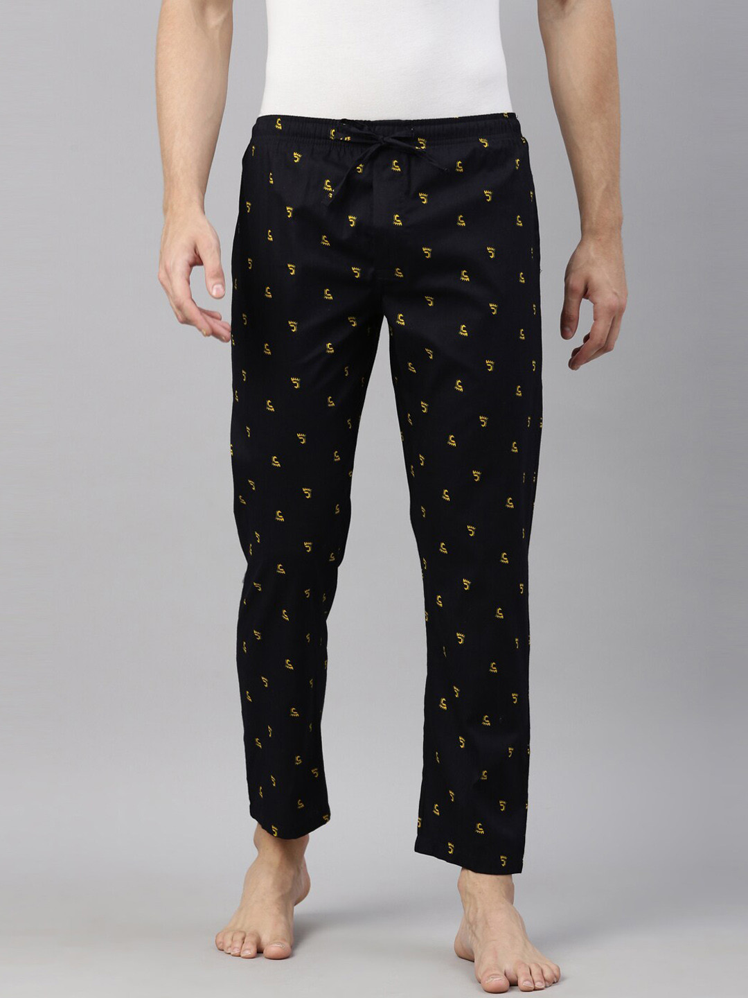 

Joven Men Navy Blue & Yellow Printed Pure Combed Cotton Lounge Pants