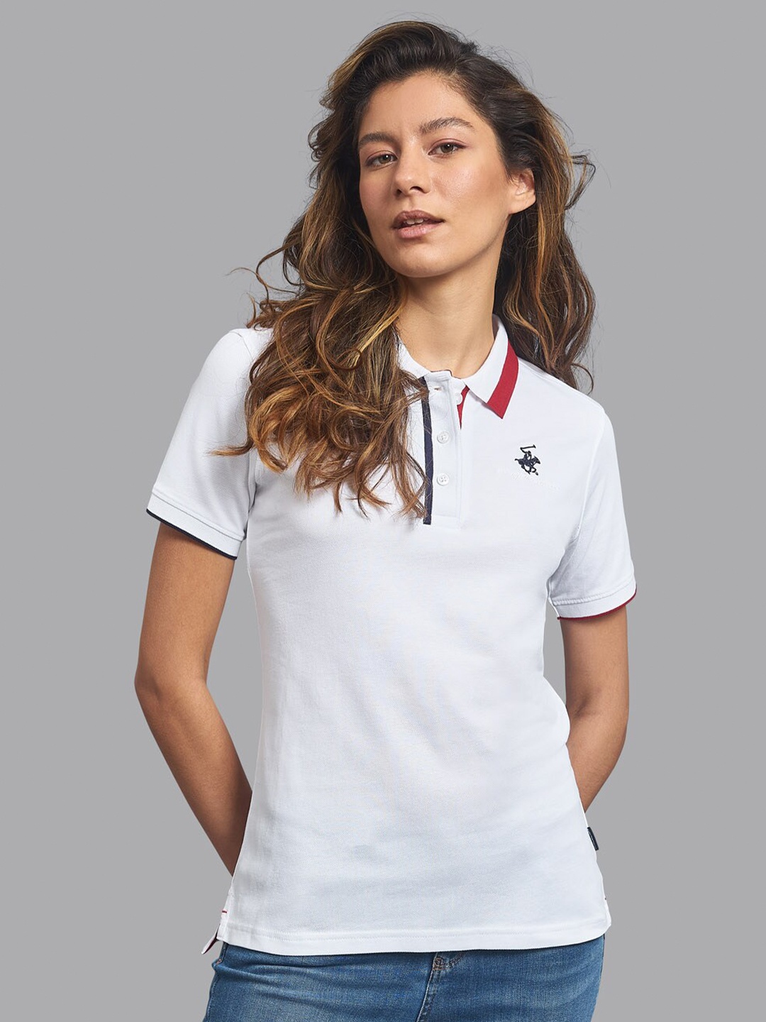 

Beverly Hills Polo Club Women White Polo Collar T-shirt