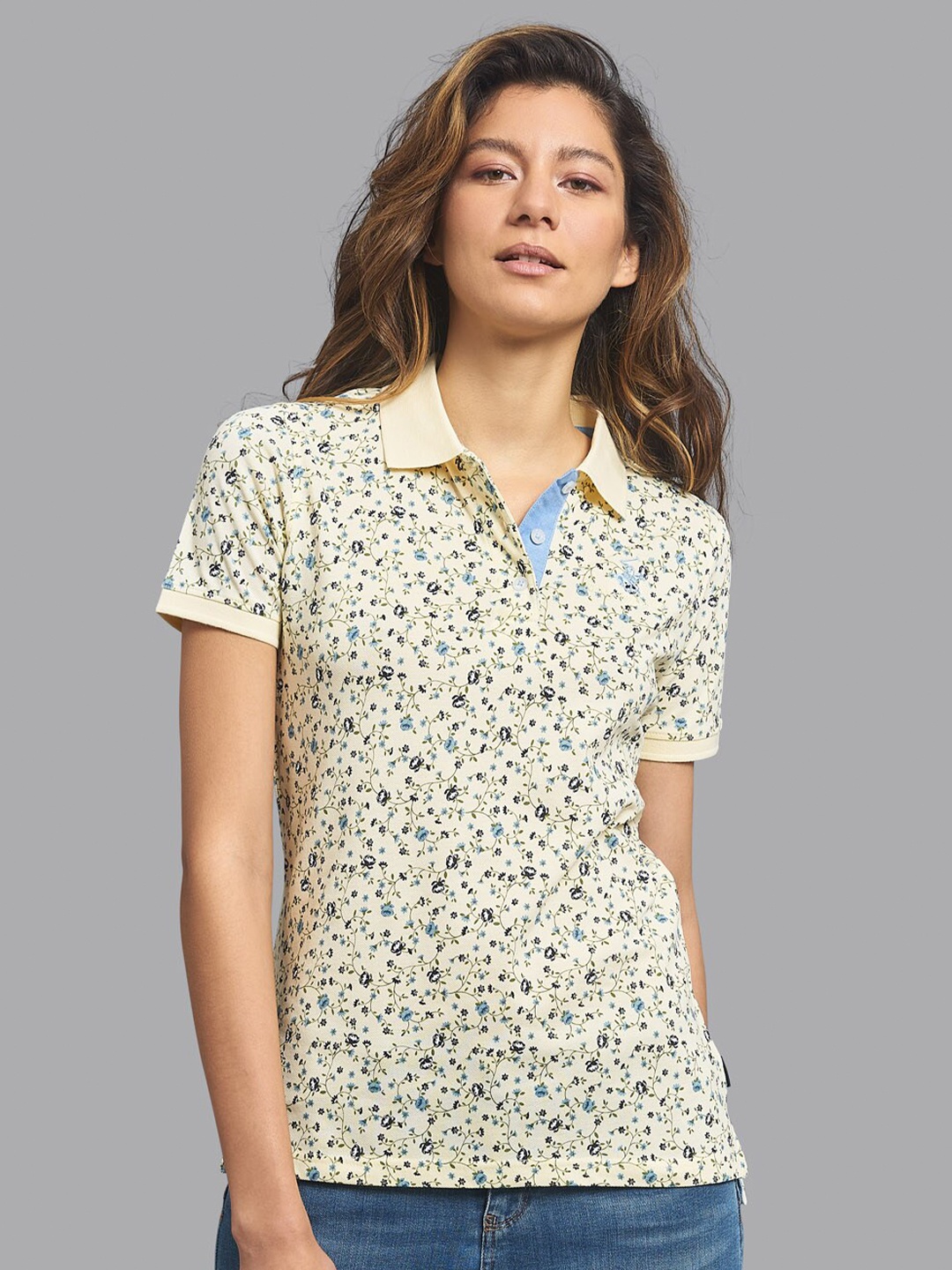 

Beverly Hills Polo Club Women Yellow Floral Printed Polo Collar T-shirt