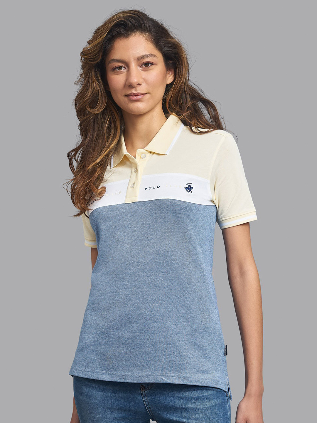 

Beverly Hills Polo Club Women Blue Colourblocked Polo Collar T-shirt