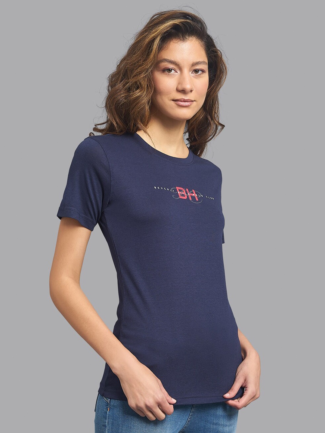 

Beverly Hills Polo Club Women Navy Blue Typography Printed T-shirt