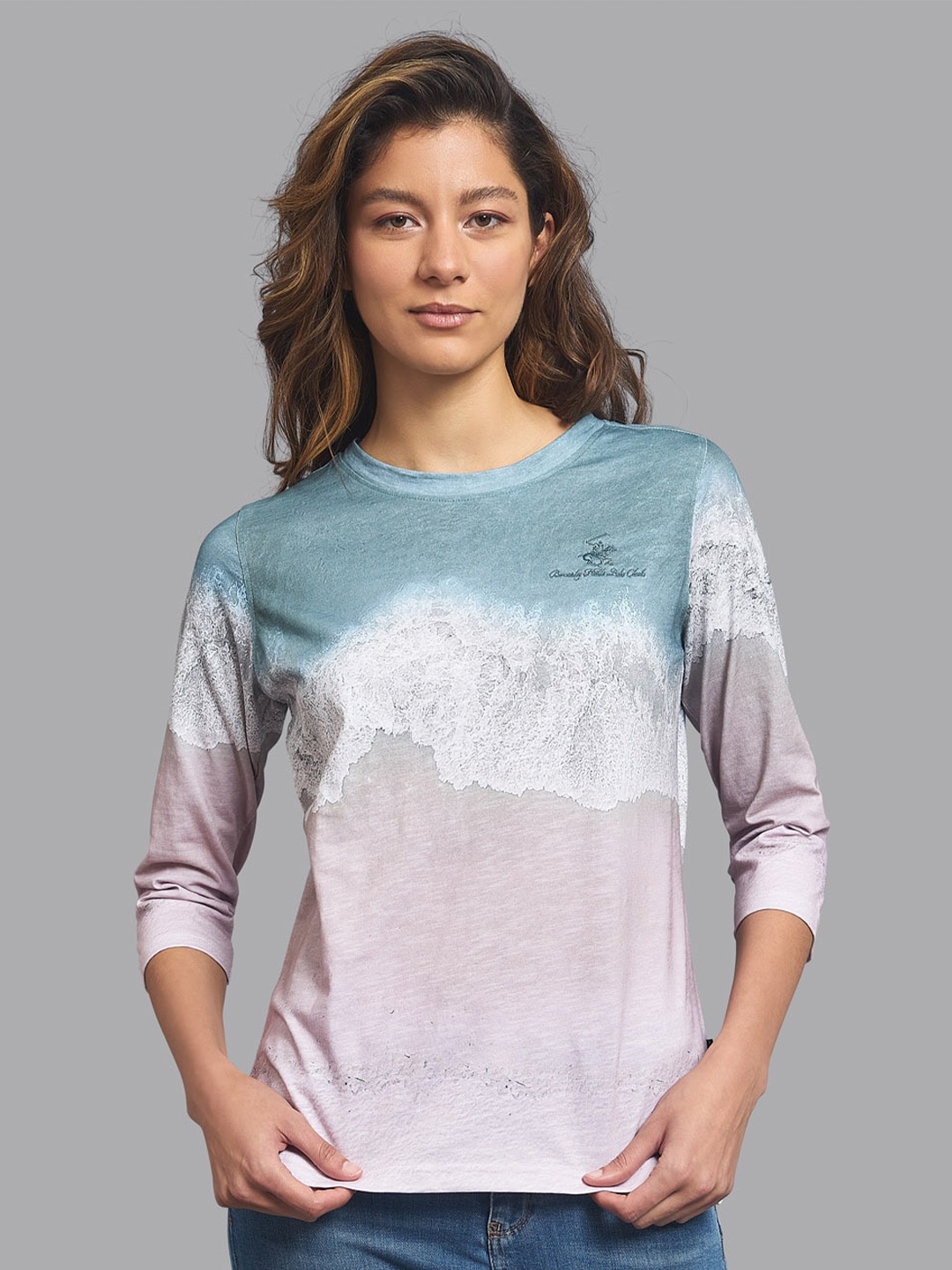 

Beverly Hills Polo Club Women Blue Tie and Dye Printed T-shirt