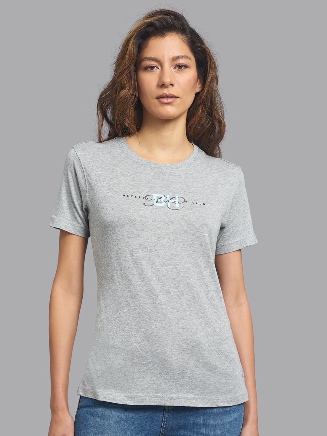 

Beverly Hills Polo Club Women Grey Melange Brand Logo Printed T-shirt