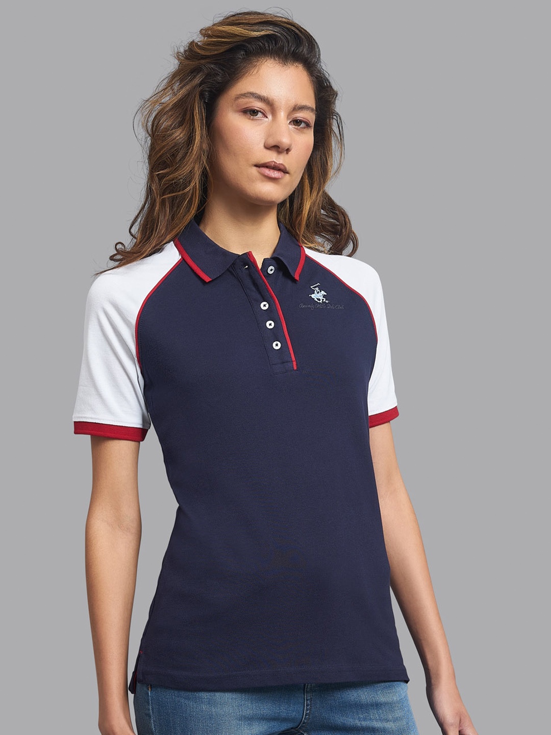 

Beverly Hills Polo Club Women Navy Blue Colourblocked Polo Collar T-shirt