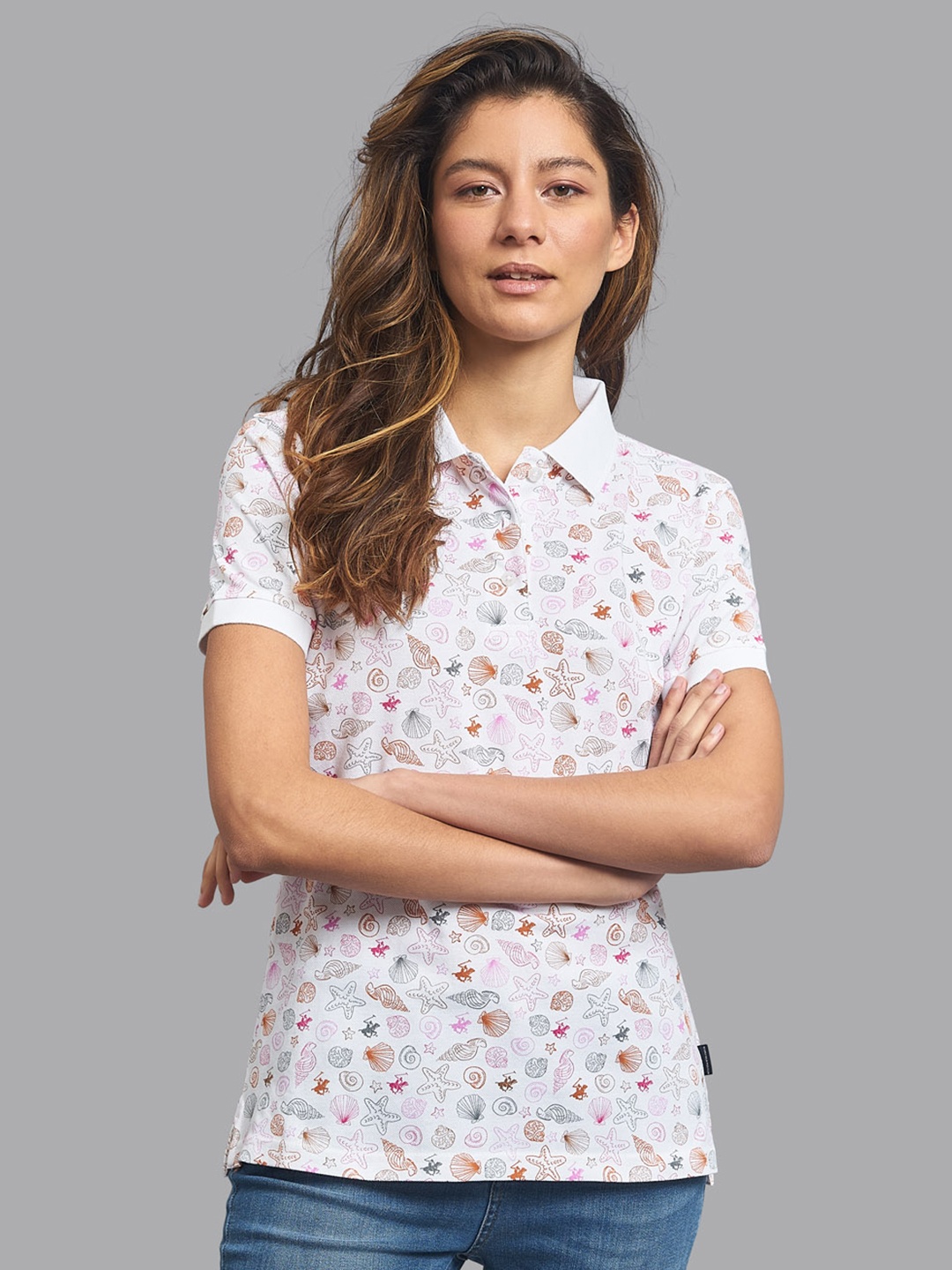 

Beverly Hills Polo Club Women White Printed Polo Collar T-shirt