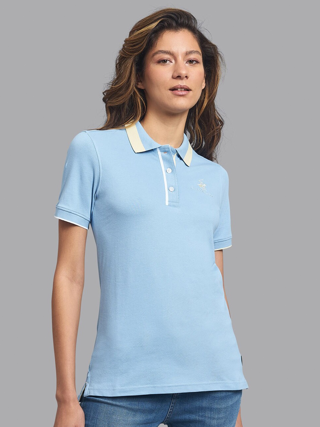

Beverly Hills Polo Club Women Blue Polo Collar T-shirt