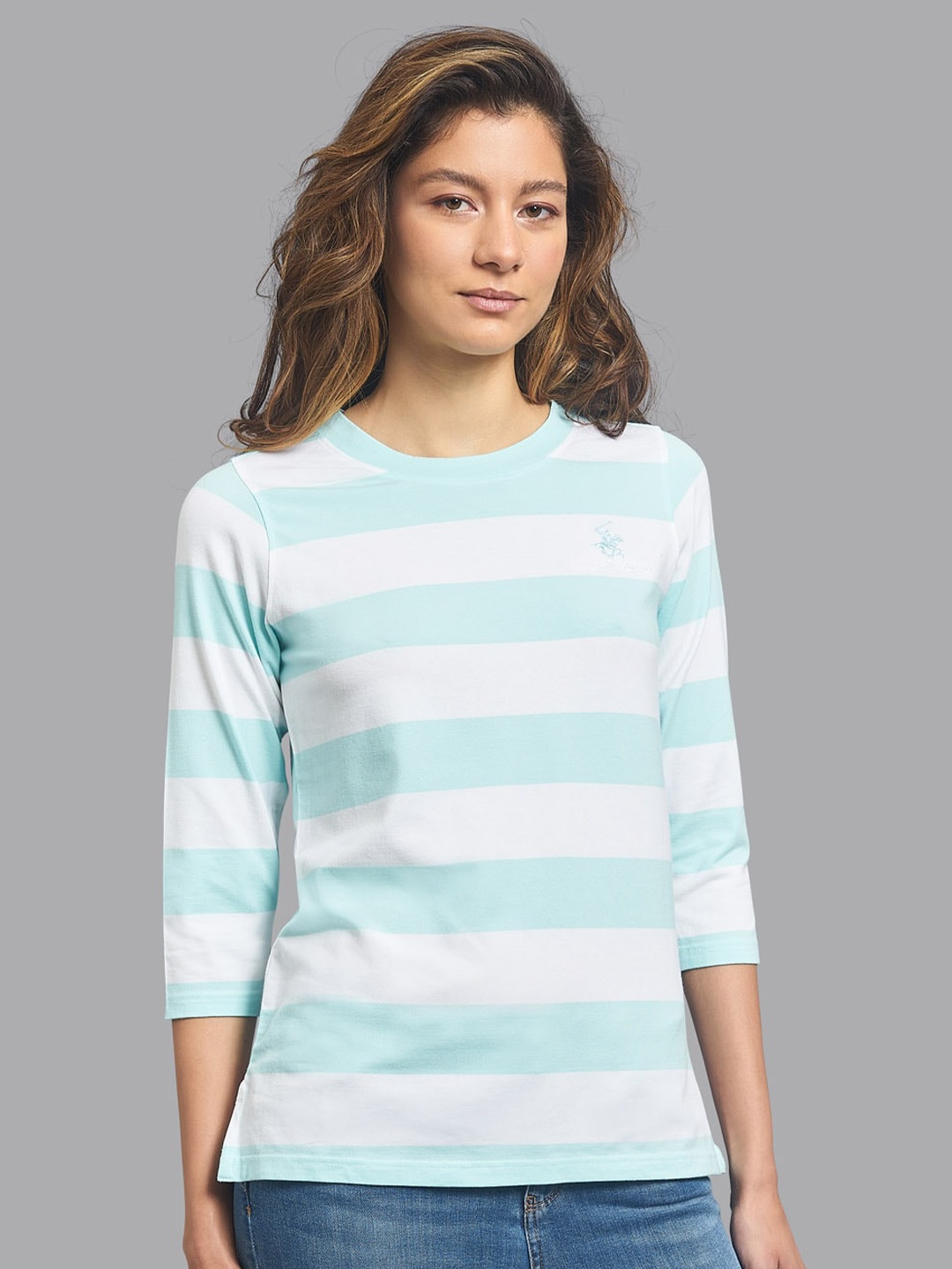 

Beverly Hills Polo Club Women White & blue Striped T-shirt