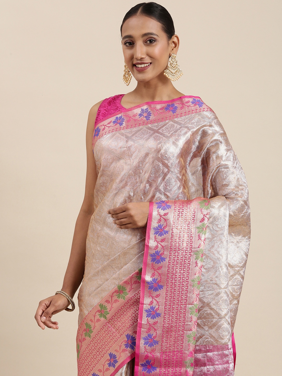 

PERFECTBLUE Grey & Cream-Coloured Floral Zari Art Silk Kanjeevaram Saree