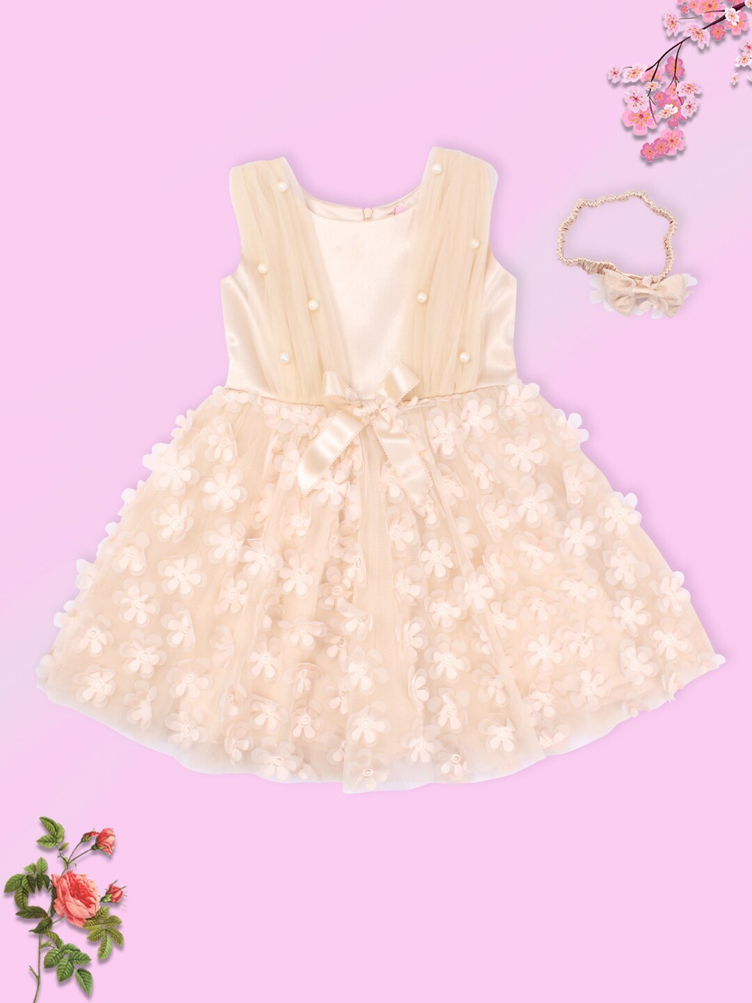 

CUTECUMBER Beige Floral Applique Satin Dress