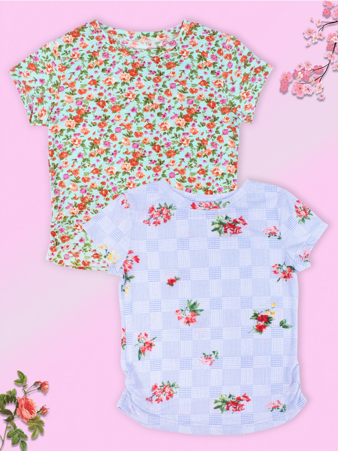 

CUTECUMBER Girls Blue & Sea Green Floral 2 Printed T-shirt