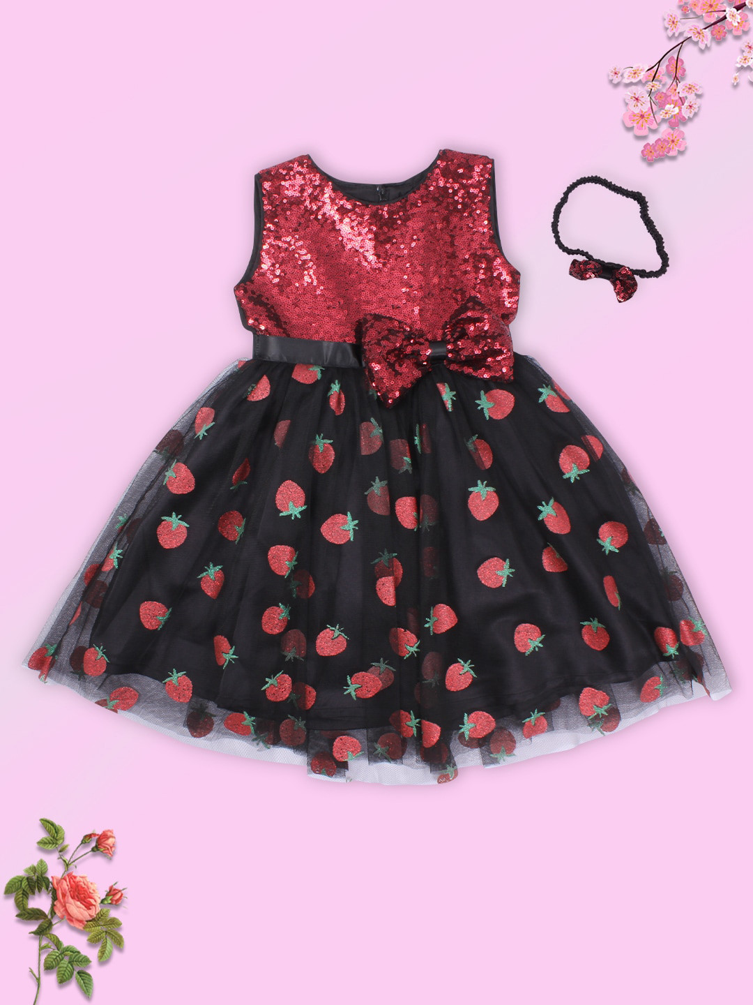 

CUTECUMBER Black Sequined Strawberry Printed Satin Dress with Bow-tie