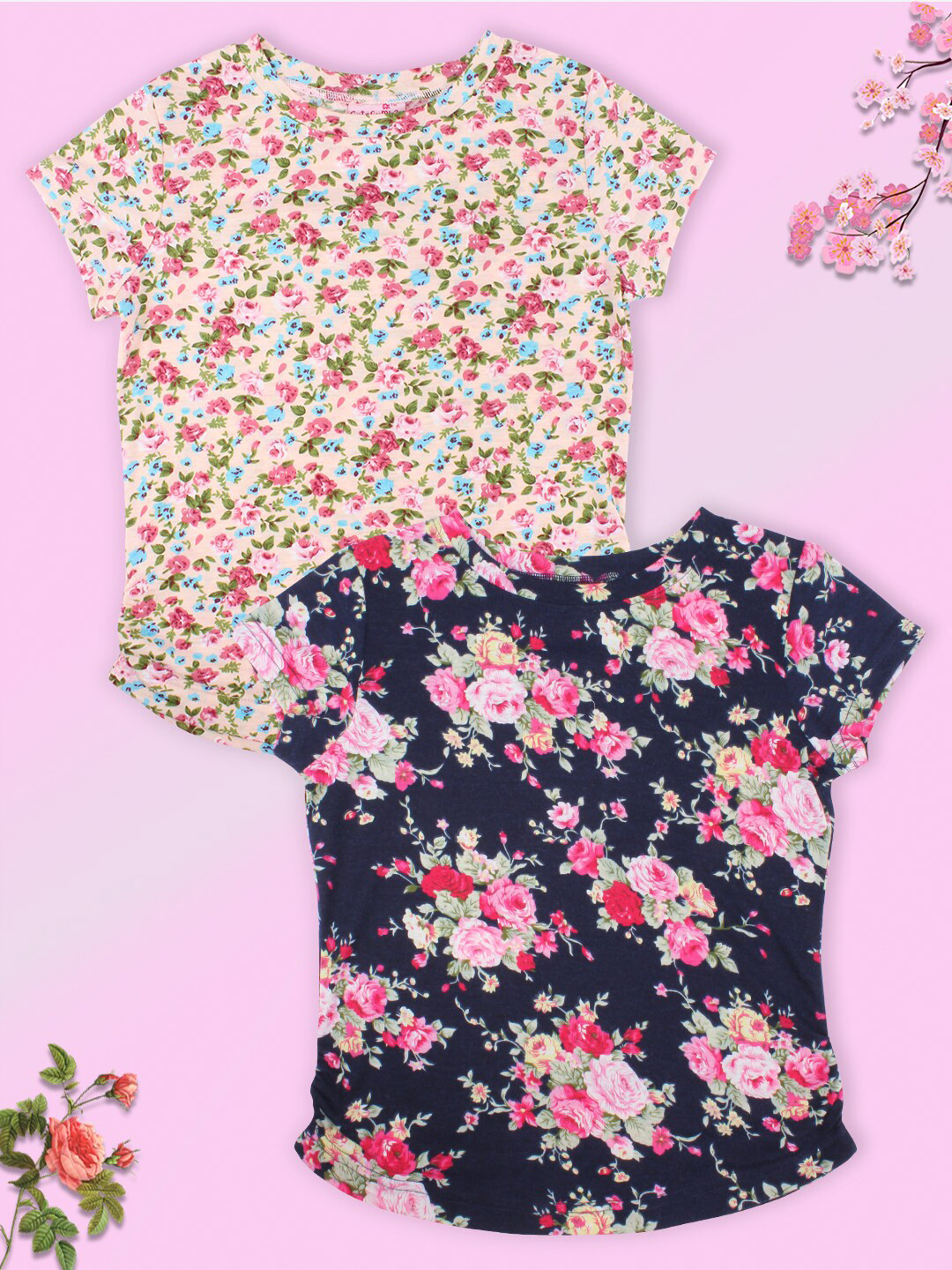 

CUTECUMBER Girls Navy Blue & Cream-Coloured Floral 2 Printed T-shirt