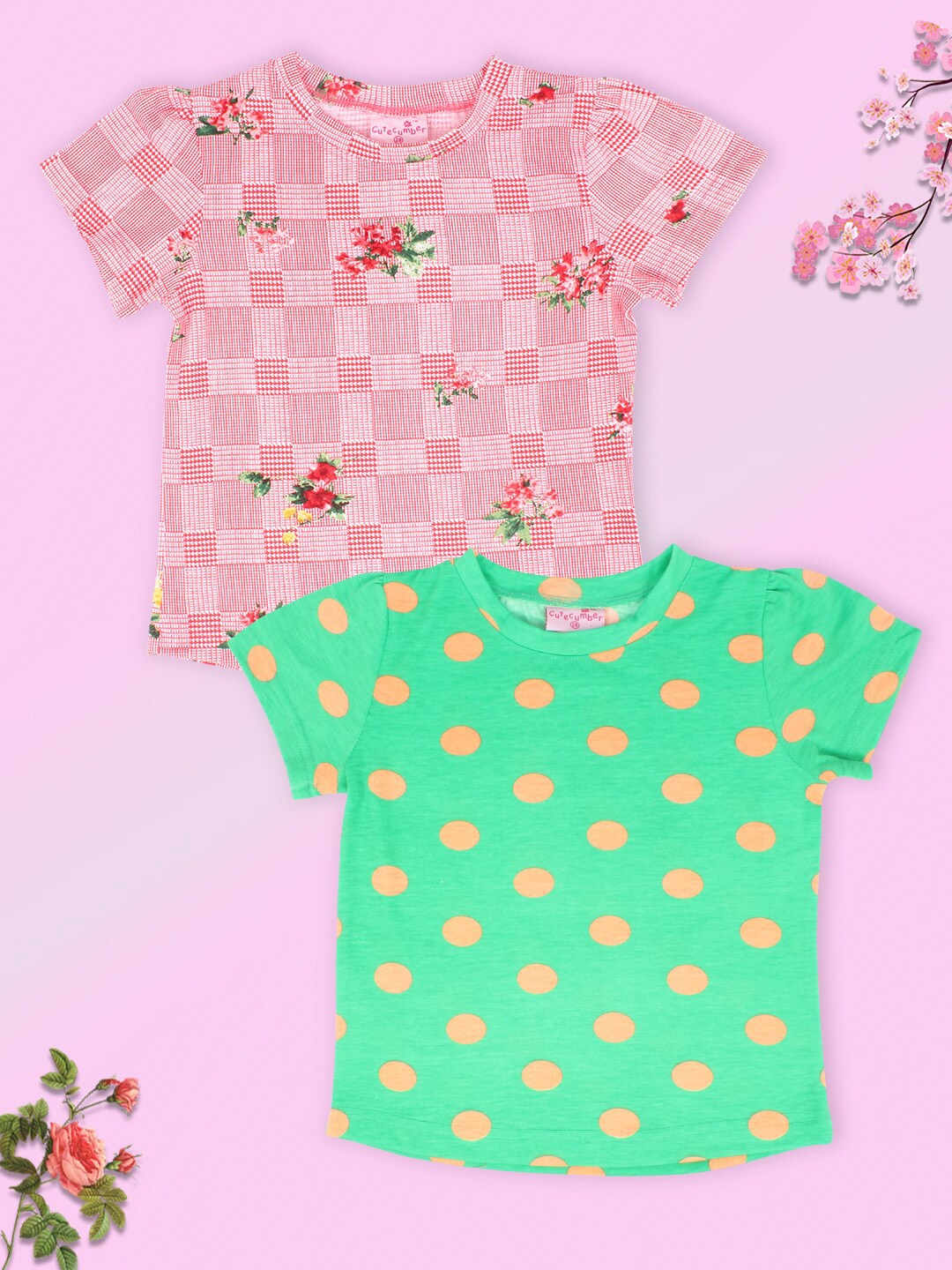 

CUTECUMBER Girls Green & Peach-Coloured 2 Printed T-shirt