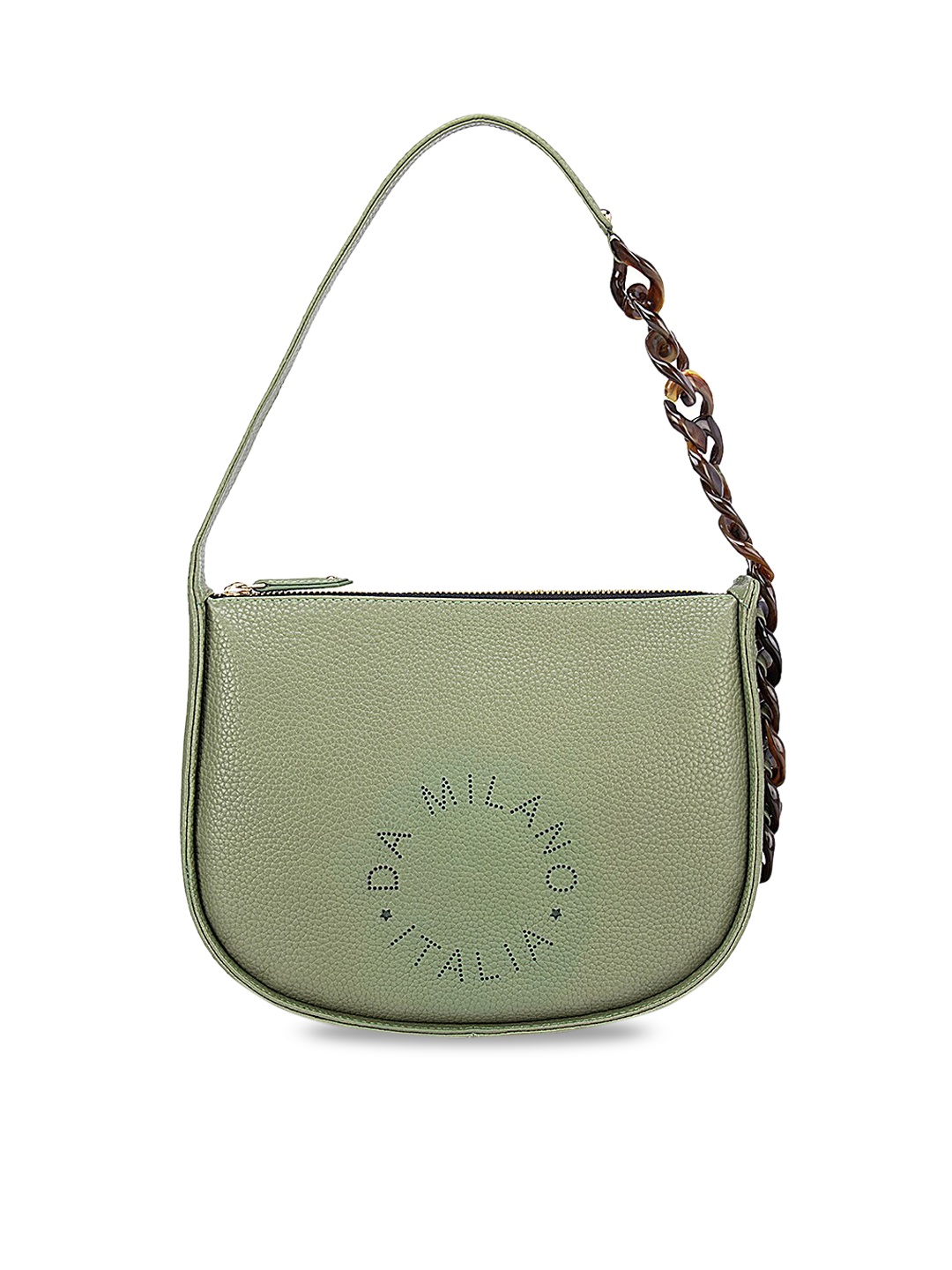 

Da Milano Green Leather Half Moon Shoulder Bag with Cut Work