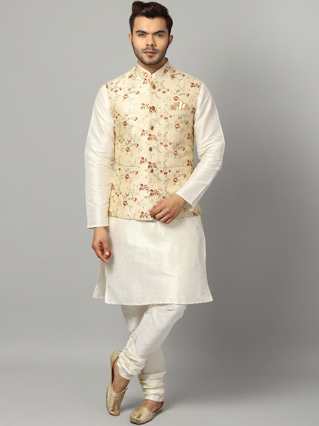 

Uri and MacKenzie Men Off White Thread Work Dupion Silk Kurta Set