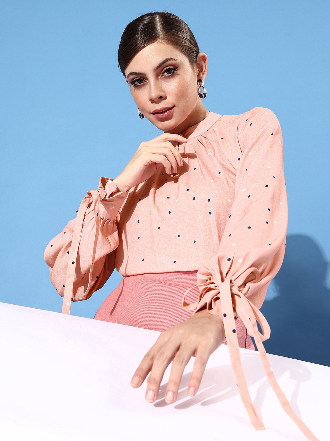 

StyleCast Attractive Peach Polka Dotted Volume Play Top