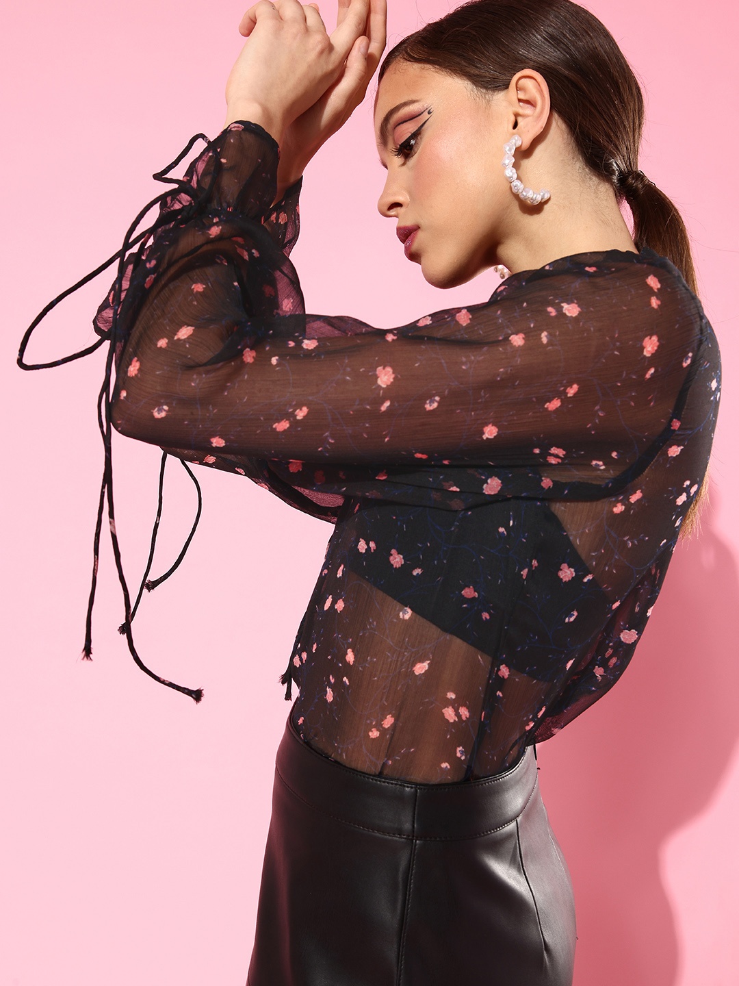 

StyleCast Black & Pink Floral Print Tie-Up Neck Bishop Sleeves Chiffon Top