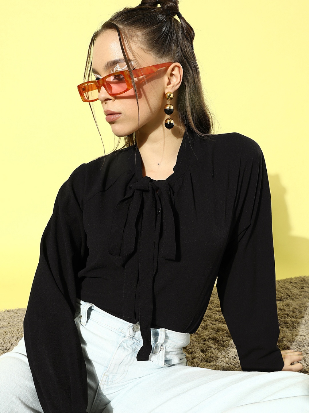 

StyleCast Black Solid Crepe Top With Tie-Up Neck