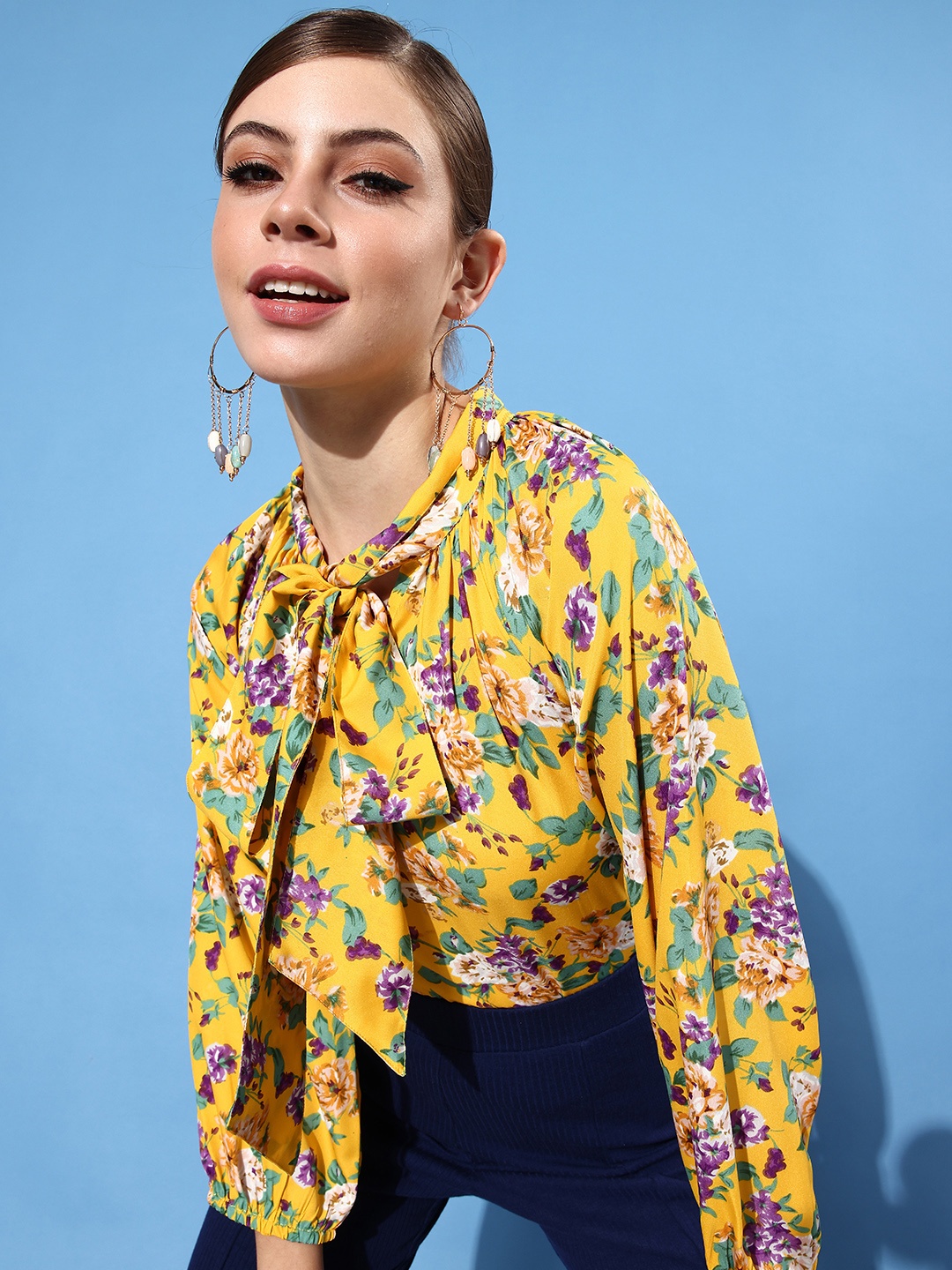 

StyleCast Bright Yellow Floral Volume Play Top