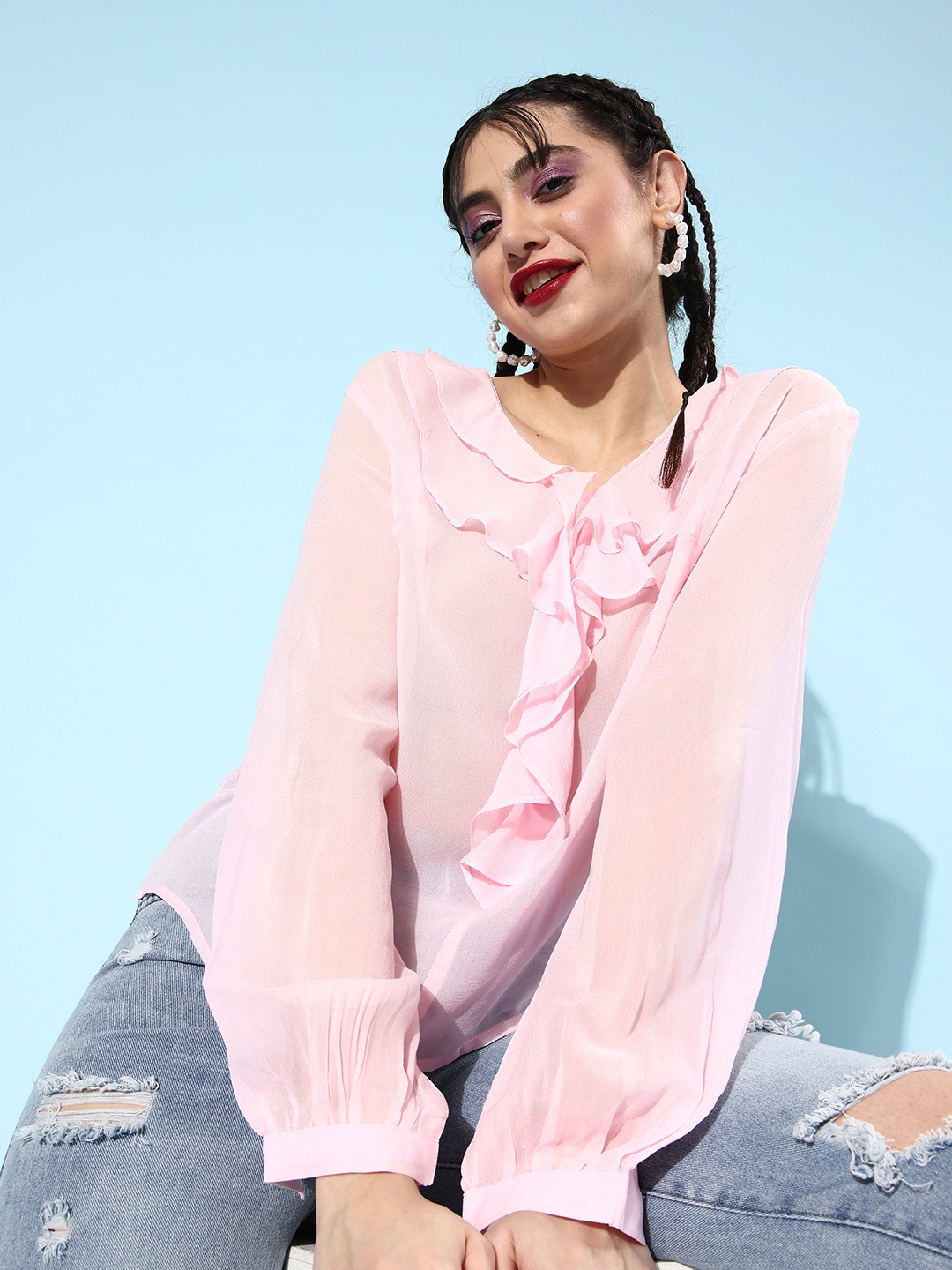 

StyleCast Pink Solid Ruffles Georgette Top