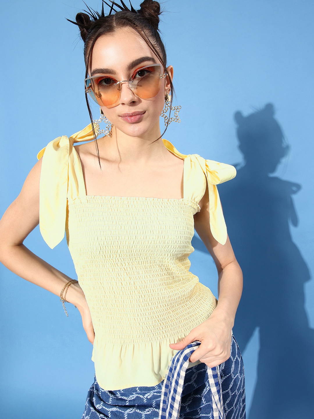 

StyleCast Yellow Striped Smocked Crepe Top