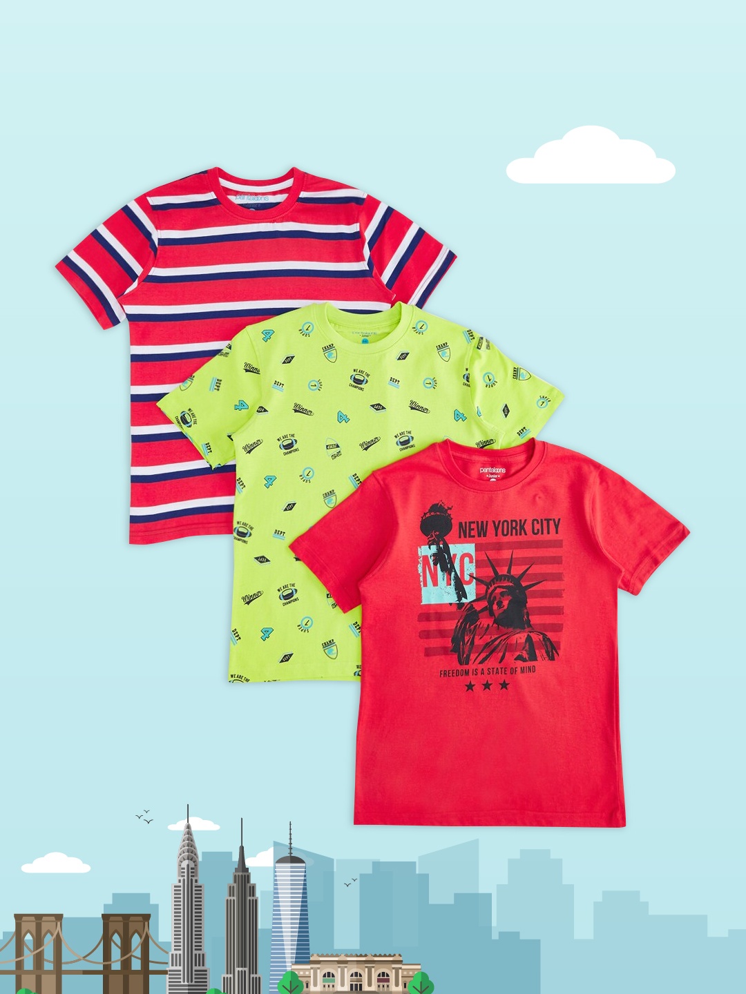 

Pantaloons Junior Boys Red & Lime Green 3 Printed T-shirt