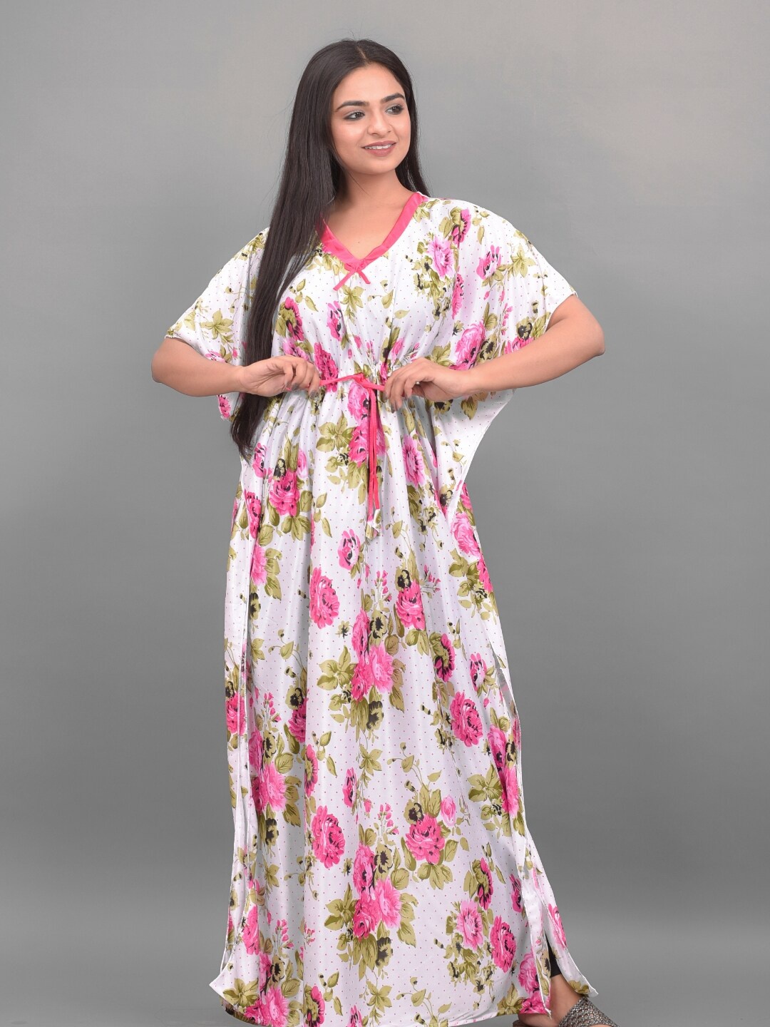 

Apratim White & Pink Floral Printed Satin Maxi Kaftan Nightdress