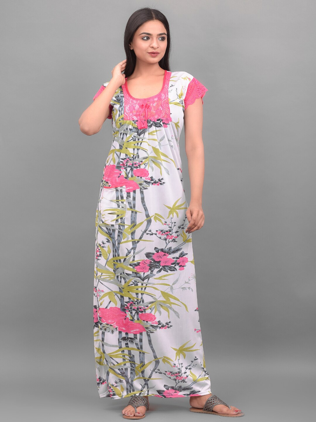 

Apratim White Printed Satin Maxi Nightdress