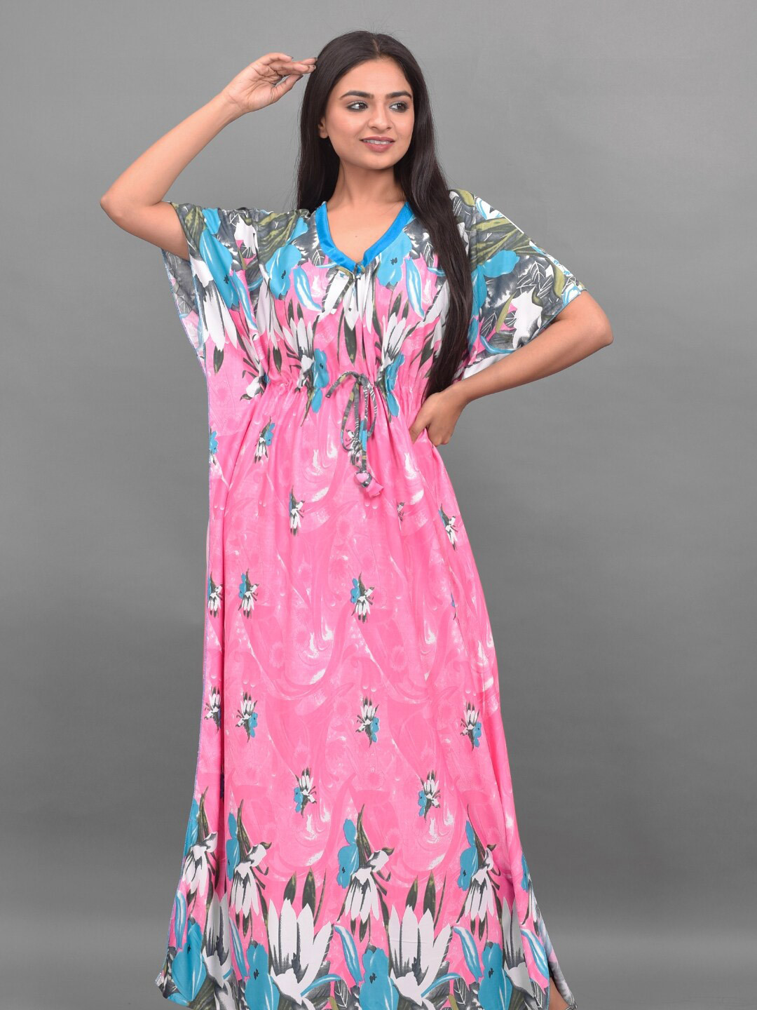 

Apratim Women Pink & Blue Printed Kaftan Maxi Nightdress