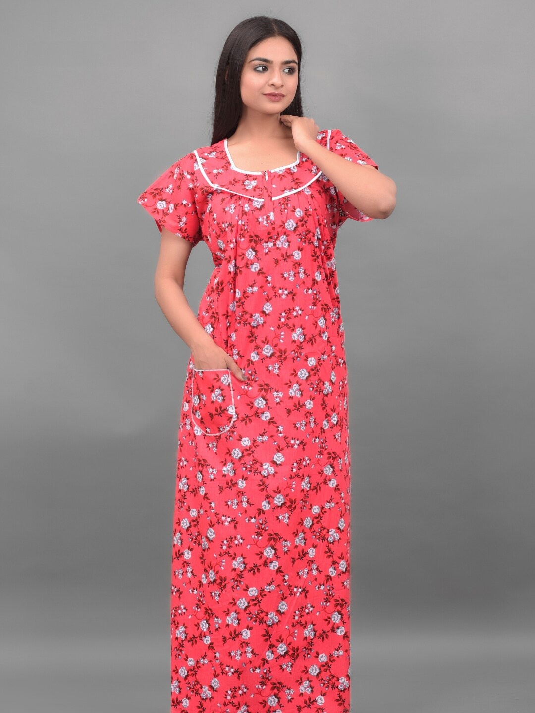 

Apratim Red Printed Maxi Nightdress