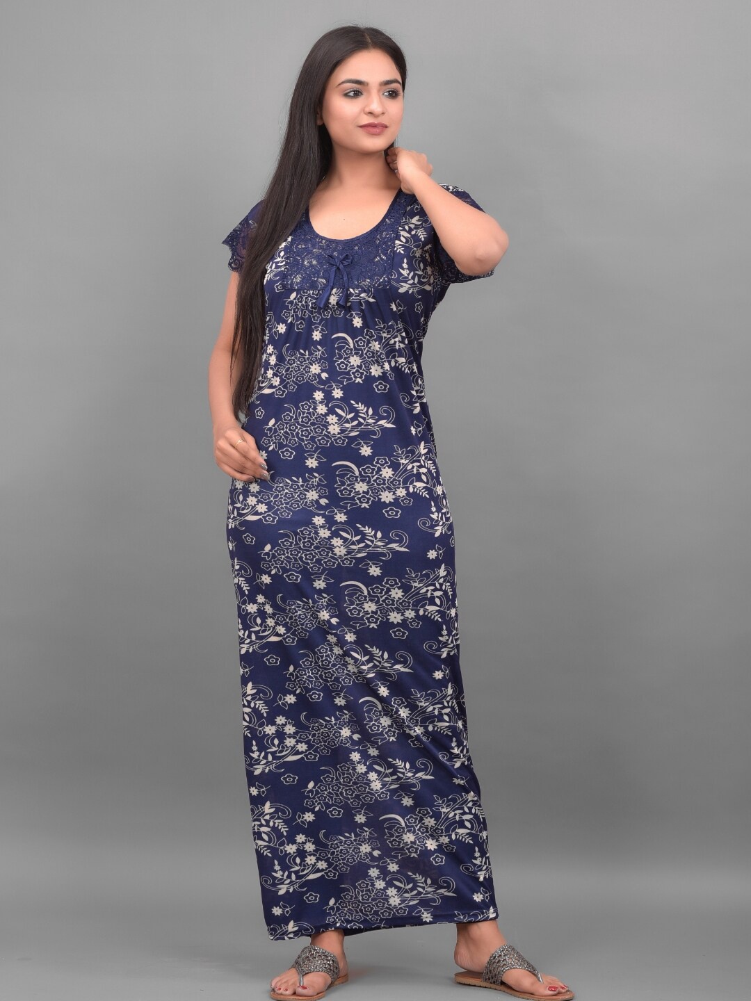 

Apratim Blue & Off-White Floral Printed Satin Maxi Nightdress
