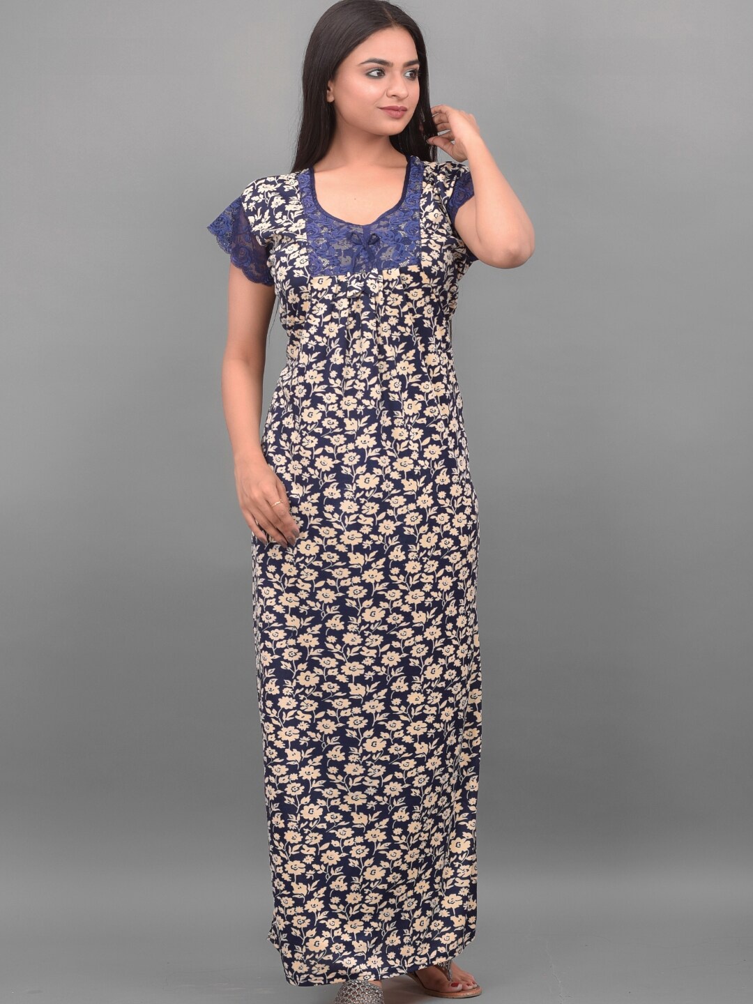 

Apratim Blue Printed Satin Maxi Nightdress