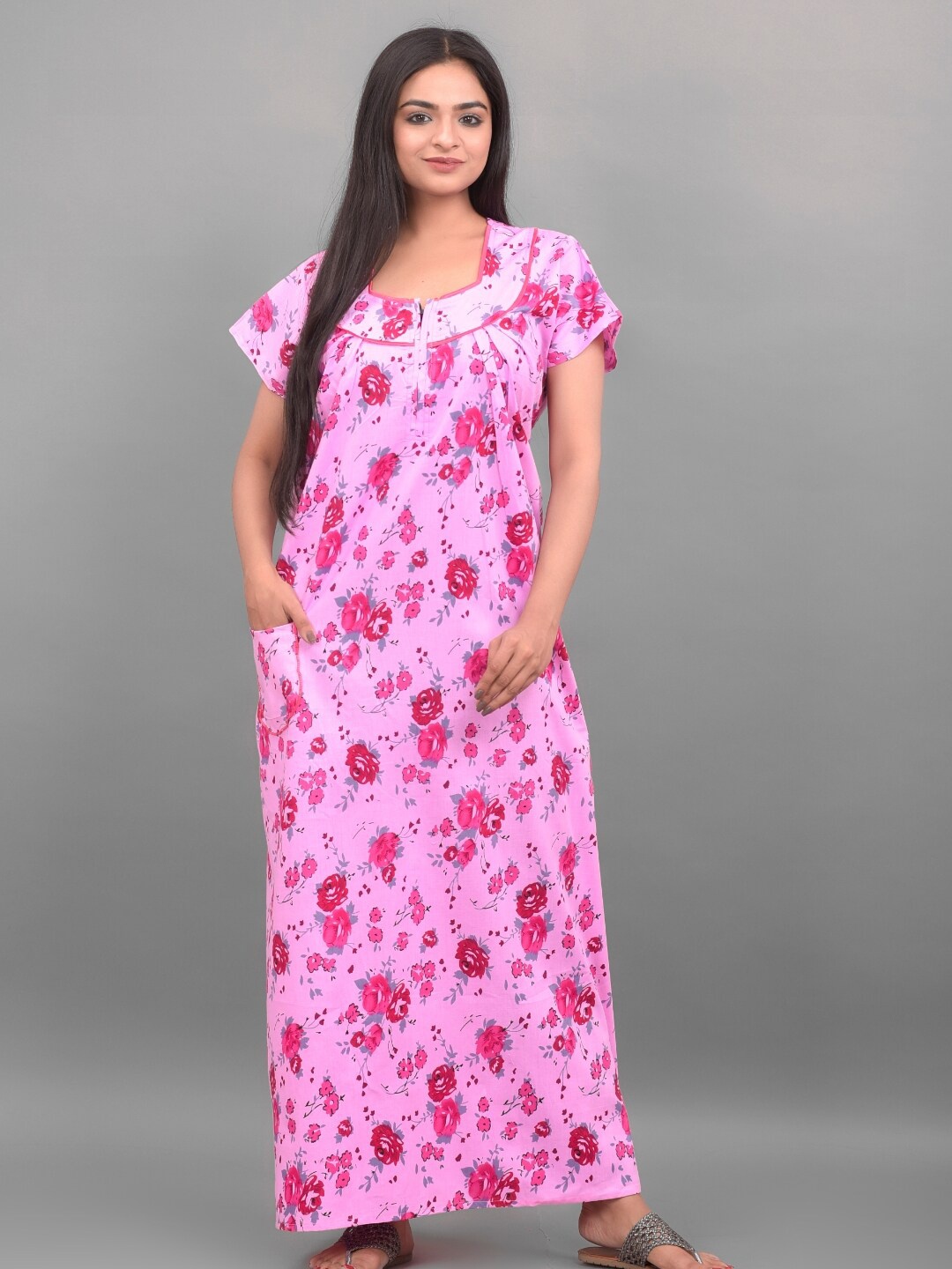 

Apratim Women Pink & red Printed Cotton Maxi Nightdress