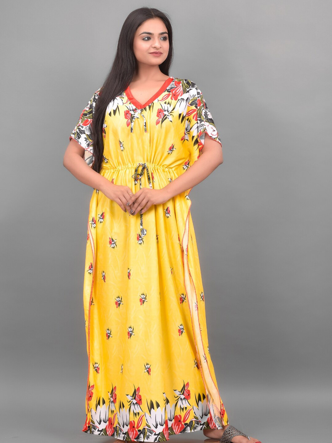 

Apratim Yellow Printed Satin Kaftan Maxi Nightdress