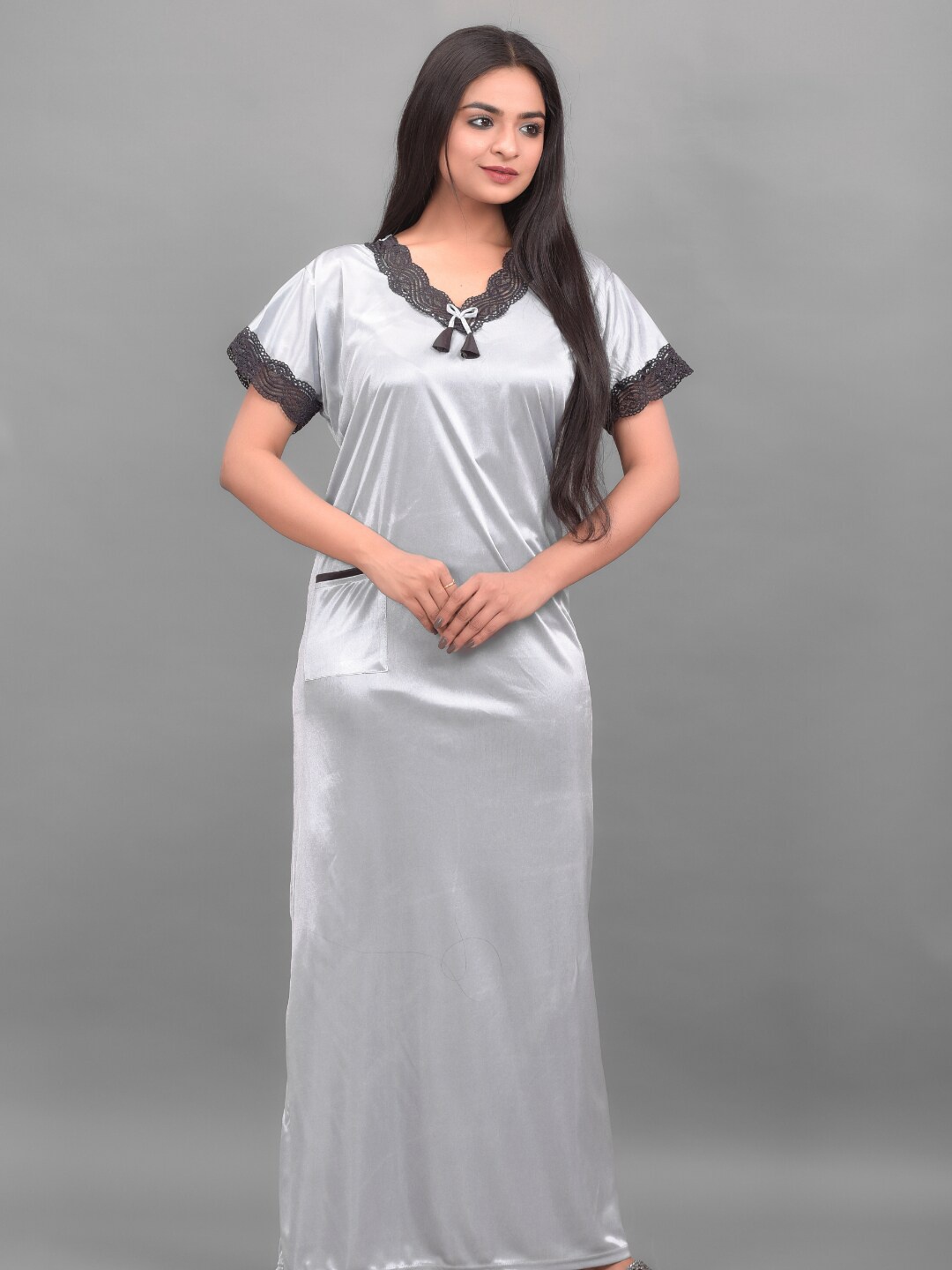 

Apratim Grey Solid Satin Maxi Nightdress