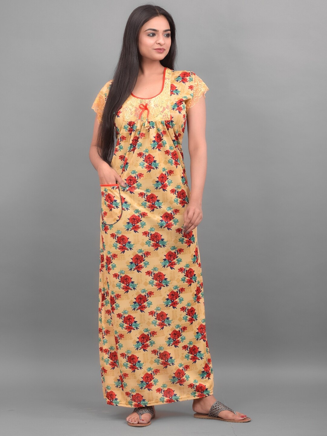 

Apratim Women Beige & Red Printed Maxi Nightdress