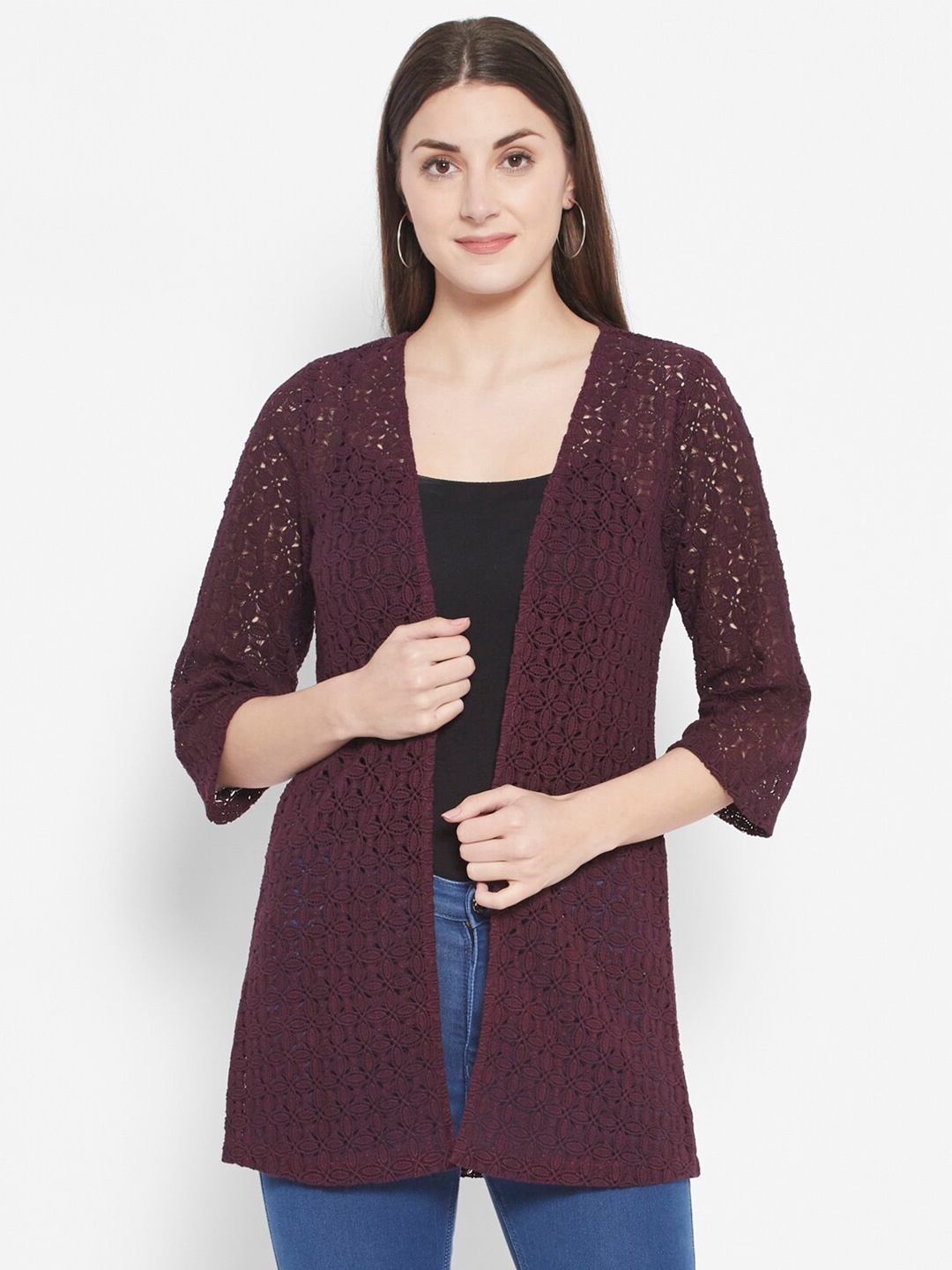 

HOUSE OF KKARMA Women Burgundy Self Design Open Front Cotton Shrug