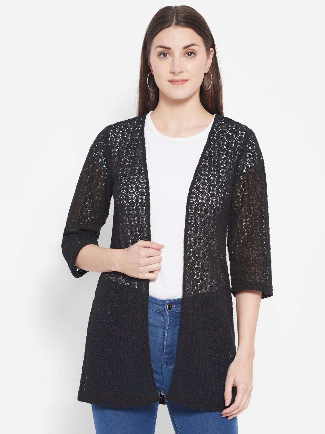 

HOUSE OF KKARMA Women Black Self Design Longline Shrug