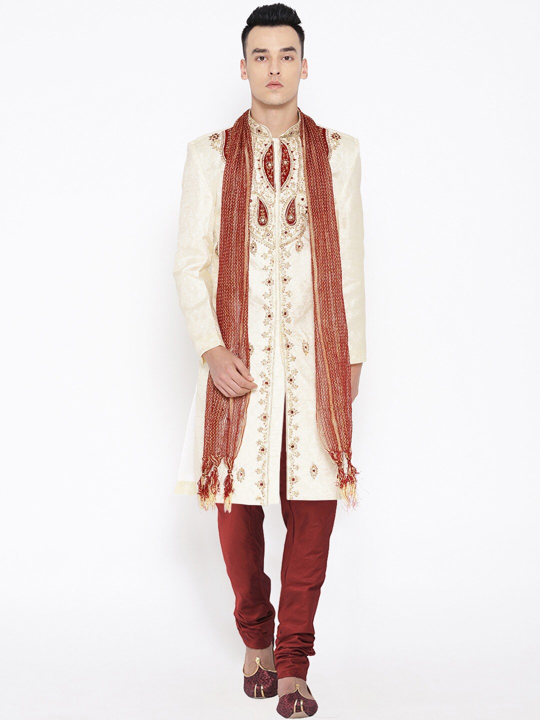 

SG LEMAN Men Beige & Maroon Raw Silk Sherwani Set with Dupatta