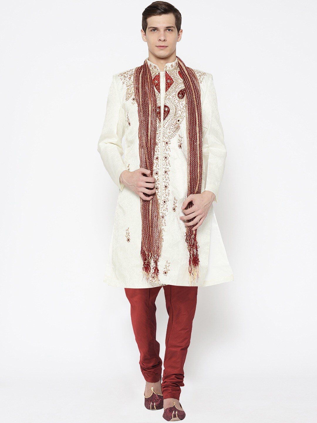 

SG LEMAN Men Cream & Maroon Embellished Sherwani Set