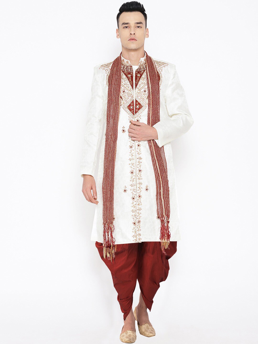 

SG LEMAN Men Cream-Colored & Maroon Embellished Sherwani Set
